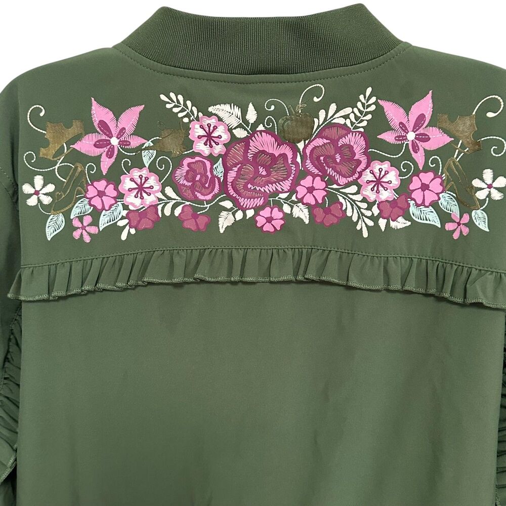 Disney Green Pink Floral Embroidered Ruffle Bomber Jacket Torrid Size 2 (XXL) - Picture 7 of 10